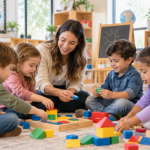 Quality child care center classroom with young children taking part in guided play and early learning activities.