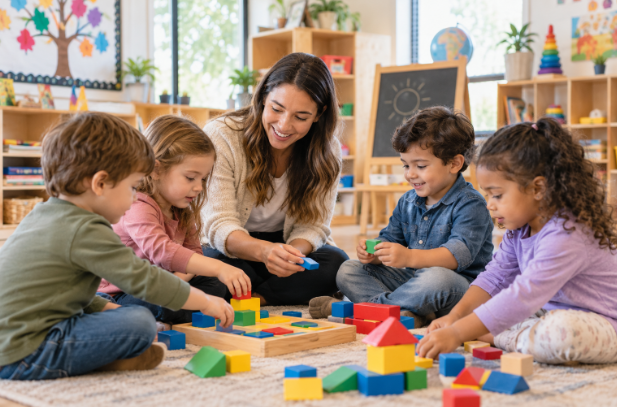 Quality child care center classroom with young children taking part in guided play and early learning activities.