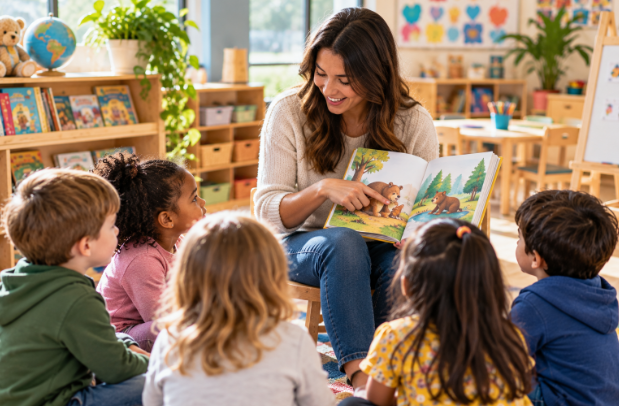 Quality child care center teacher reading with children during a small group classroom activity.