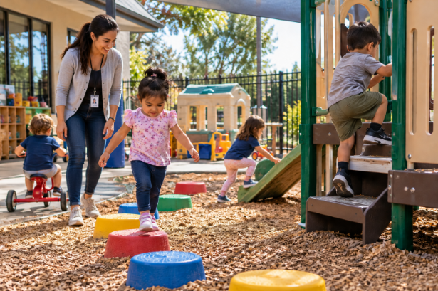 Quality child care center outdoor play area with children using safe age-appropriate play equipment.